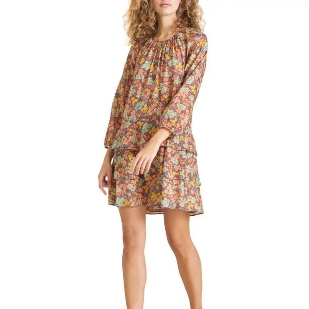 Veronica Beard Floral Long-Sleeve Tiered Mini Dress — Multicolor